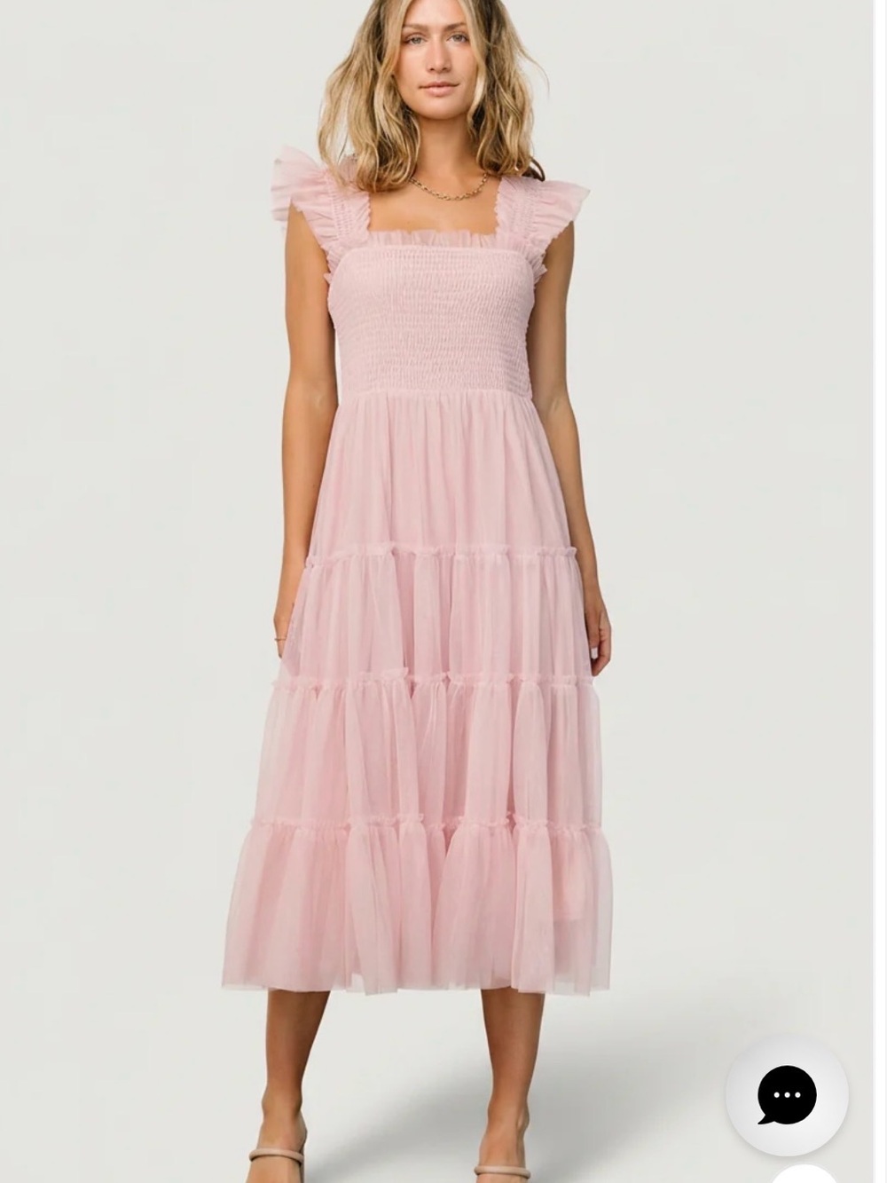 Baltic Born Pink Smocked Ruffle Strap Tiered Midi Dress